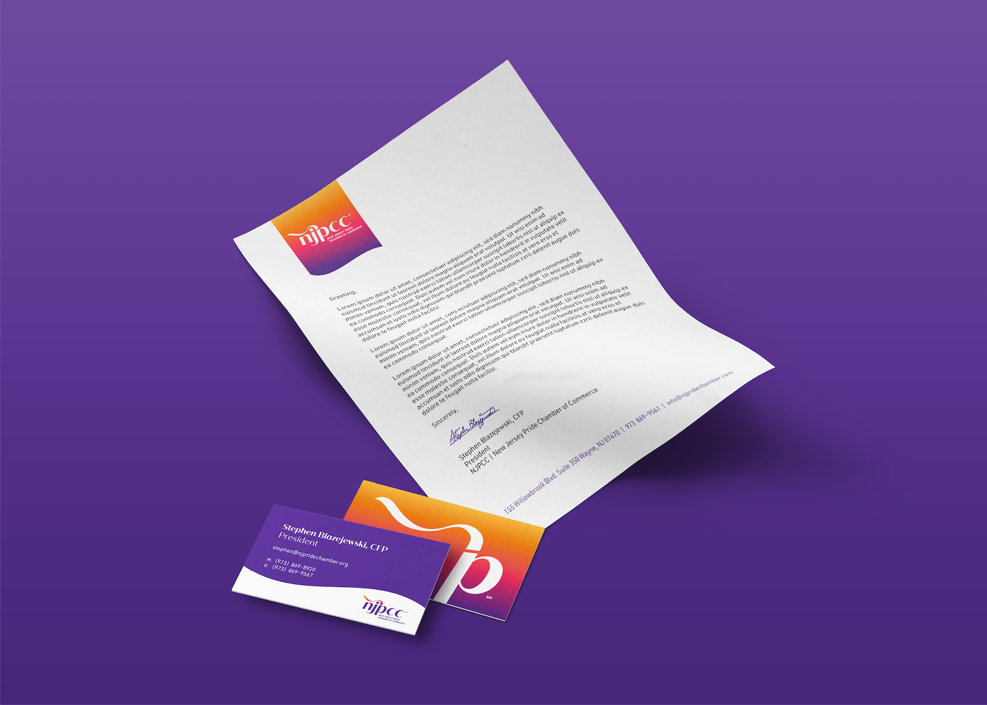 New Jersey Pride Chamber of Commerce branded letterhead designed by 96ANDX