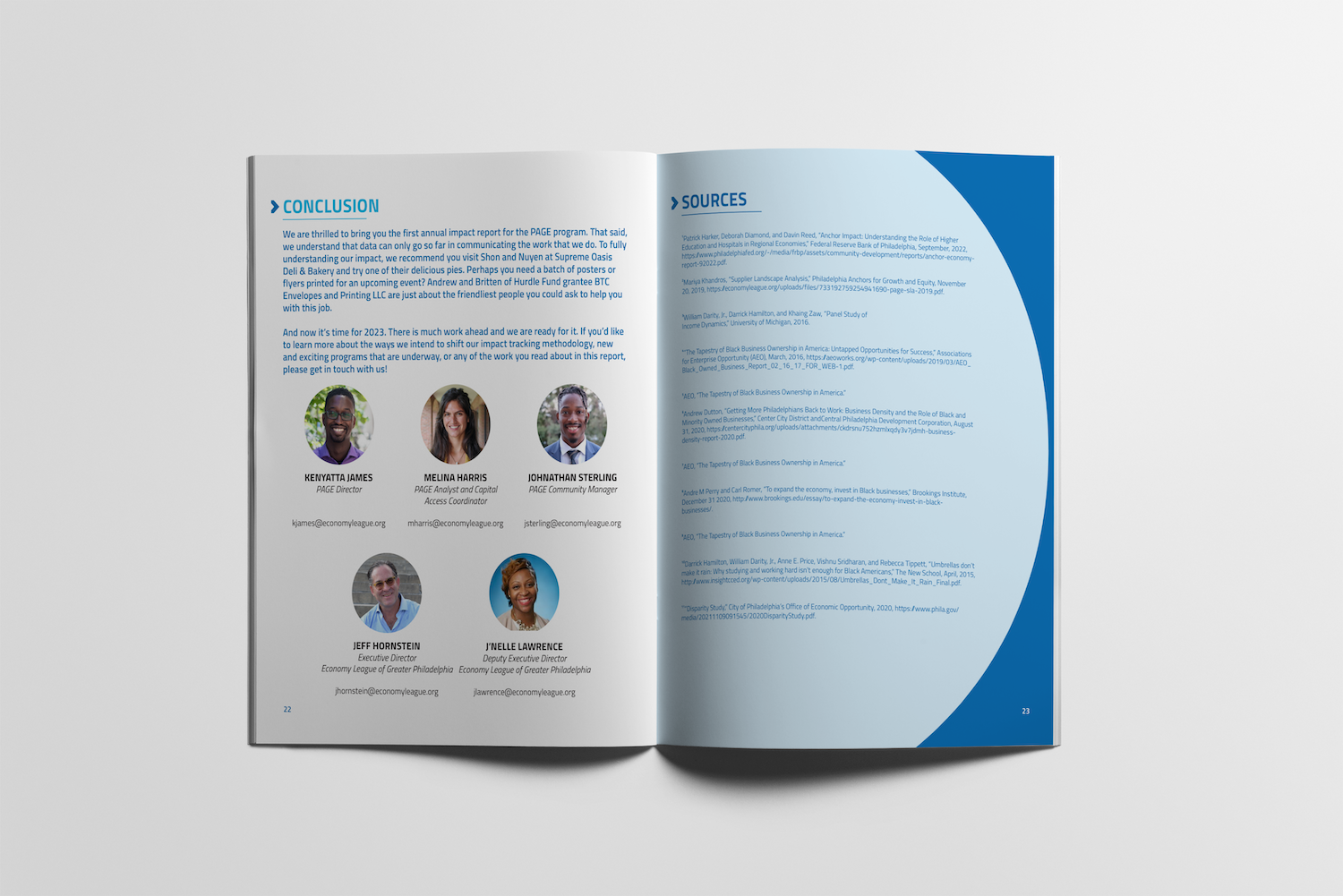 Economy League of Greater Philadelphia 2022 Impact Report interior layout designed by 96ANDX